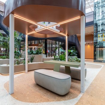 Yarra Falls, Melbourne, featuring a premium indoor atrium and collaboration hub with sculptural meeting pods, integrated biophilic landscaping, curved planter beds, contemporary lounge seating, and a dramatic skylit workspace environment designed to support wellbeing, collaboration, and tenant engagement within a landmark commercial campus.