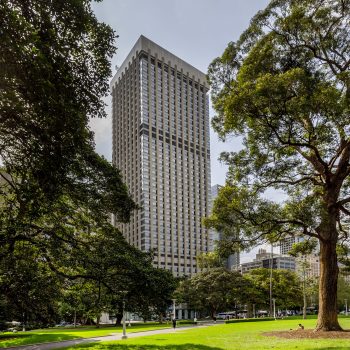 201 Elizabeth Street, Sydney, featuring a prominent premium office tower overlooking Hyde Park, framed by mature fig trees, expansive green lawns, and landscaped public open space. The image highlights the property's unique parkfront position, combining premium commercial accommodation with direct access to one of Sydney CBD’s most significant recreational and wellbeing destinations.